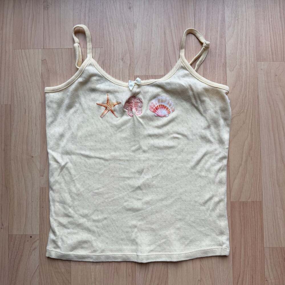 Yellow Cotton Cute Beach Embroidered Camisole Tank Top Knit Starfish Seashell Fl